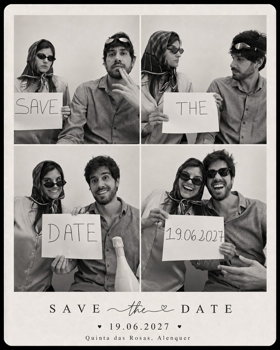 Black-and-white photobooth strip of Joana and João holding handwritten cards reading SAVE, THE, DATE, 19.06.2027.
